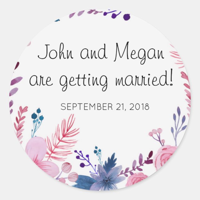Cute Floral Wedding Classic Glossy Round Sticker (Front)