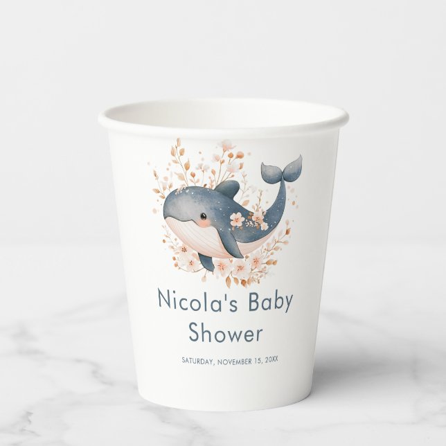 Cute Floral Whale Baby Shower Paper Cups (Back)