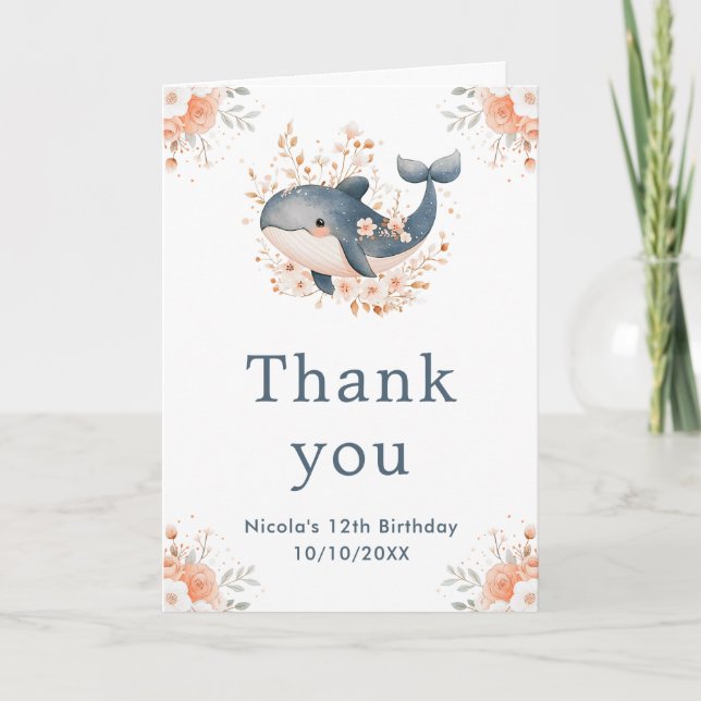 Cute Floral Whale Birthday Party Thank You Card (Front)