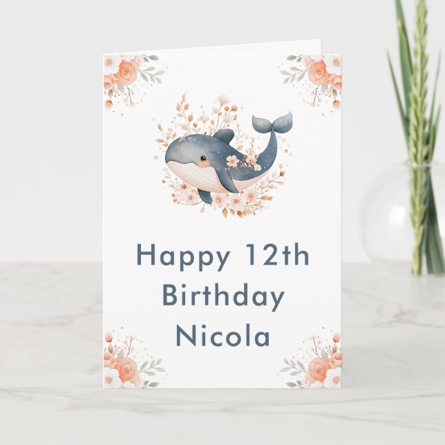 Cute Floral Whale Happy Birthday Card (Front)