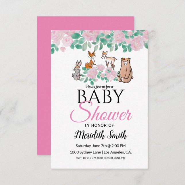Cute Floral Woodland Baby Animals  | Baby Shower Invitation (Front/Back)
