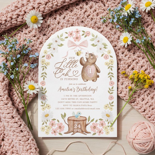 Cute Floral Woodland Bear Little Cub 1st Birthday Invitation (Cute Floral Woodland Bear Little Cub 1st Birthday Invitation)