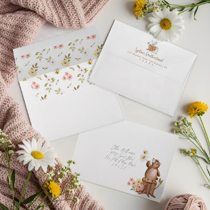 Cute Floral Woodland Knitted Bear Baby Girl Shower Envelope