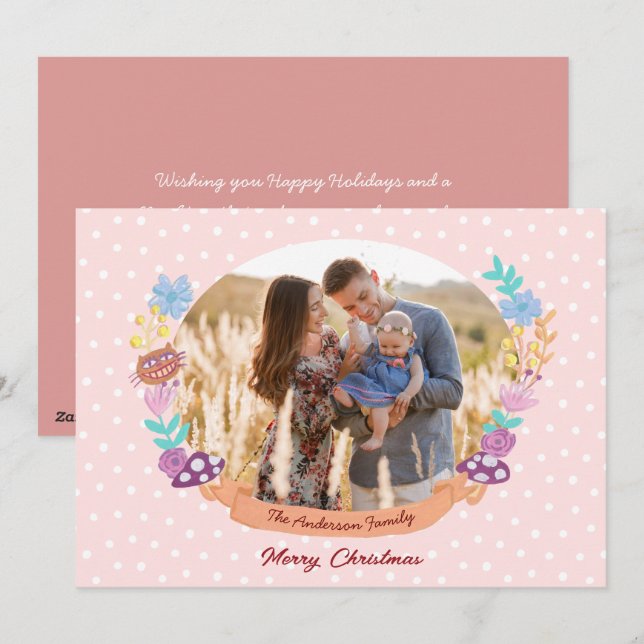 cute floral wreath blush pink Christmas photo Holiday Card (Front/Back)