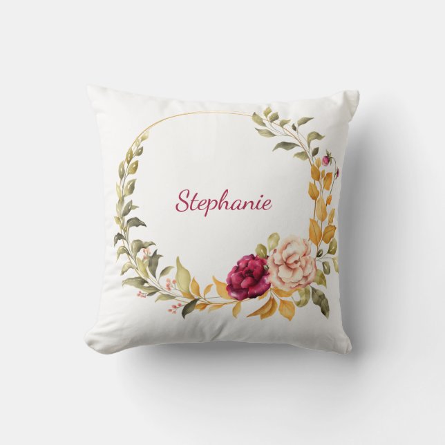 Cute Floral Wreath Monogrammed Cushion (Front)