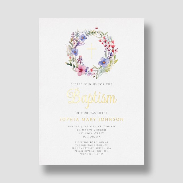 Cute Floral Wreath Religious Girl Baptism Gold (Cute Floral Wreath Religious Girl Baptism Gold Foil Invitation)