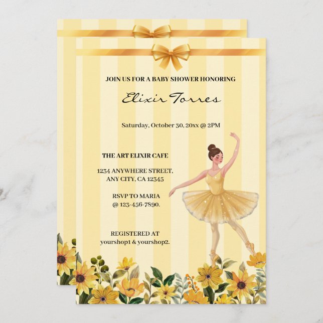 Cute Floral Yellow Ballerina Ribbon Baby Shower Invitation (Front/Back)