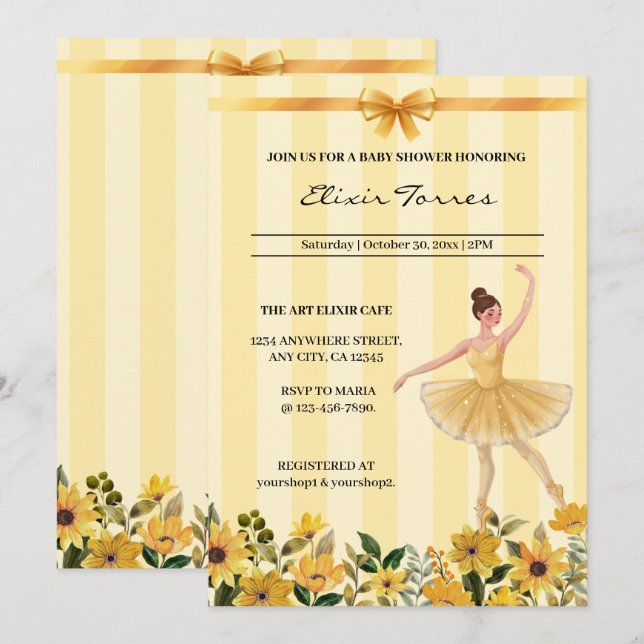 Cute Floral Yellow Ballerina Ribbon Baby Shower Invitation (Front/Back)