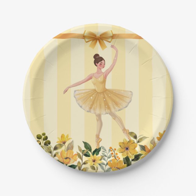 Cute Floral Yellow Ballerina Ribbon Baby Shower Paper Plate (Front)