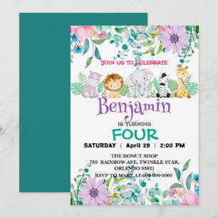 Cute Floral zoo jungle Animals Birthday girls kids Invitation