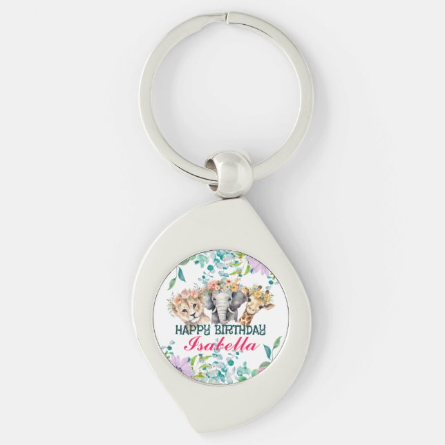 Cute Floral zoo jungle Animals Birthday Welcome  Key Ring (Front)