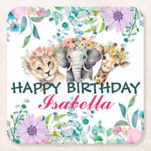 Cute Floral zoo jungle Animals Birthday Welcome  Square Paper Coaster