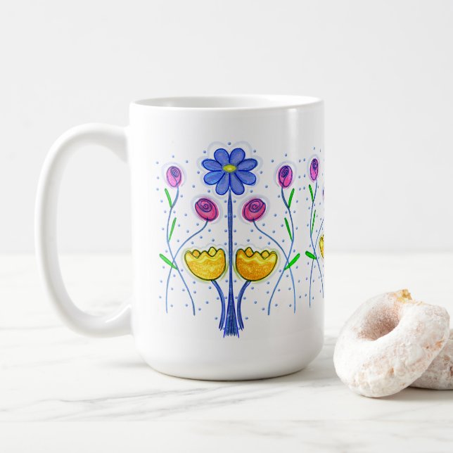 Cute Flower Art In Row Blue Pink Yellow Coffee Mug (With Donut)