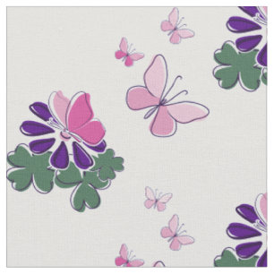 Cute Flower Butterflies Doodle Green Purple Pink  Fabric