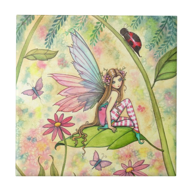 Cute Flower Fairy and Ladybug Fantasy Art Tile (Front)