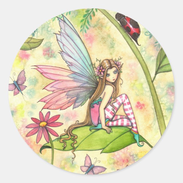 Cute Flower Fairy and Ladybug in Garden Classic Round Sticker (Front)