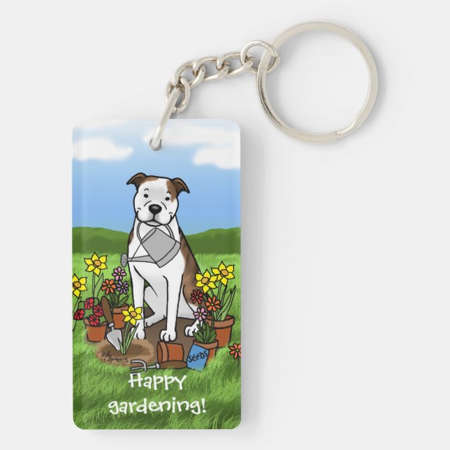 Cute Flower Gardener Pit Bull (lt brindle white 3) Key Ring (Back)