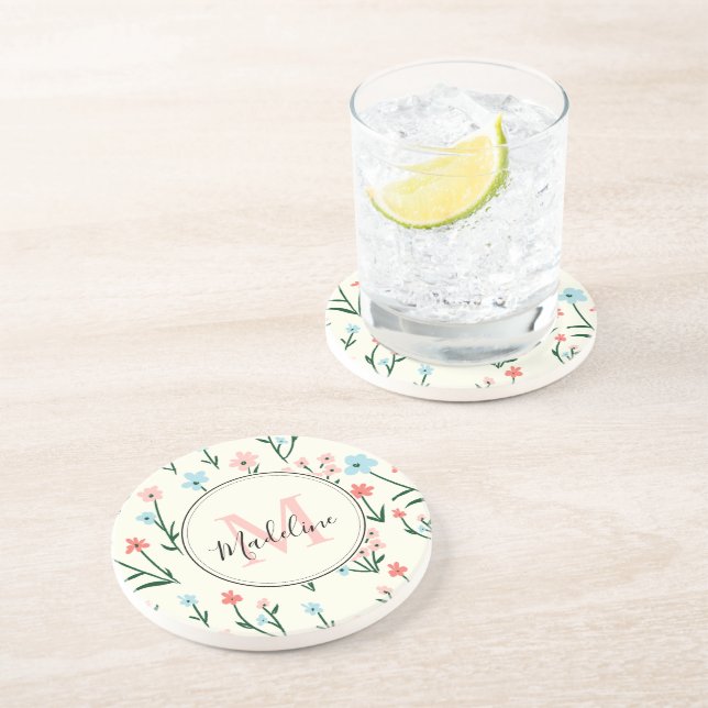 Cute Flower Ivory White Elegant Pink Monogram Coaster (Side)