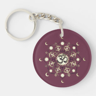 Cute Flower Moon Mandala Om Quote Gold Purple  Key Ring