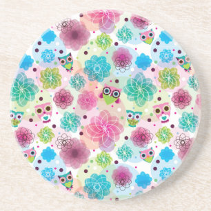 Cute flower owl background pattern coaster