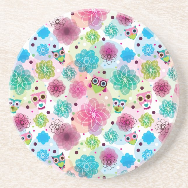 Cute flower owl background pattern coaster (Front)