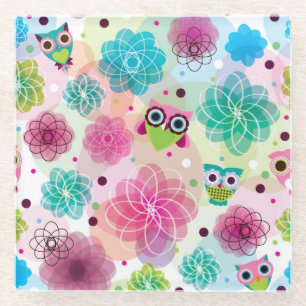 Cute flower owl background pattern glass coaster