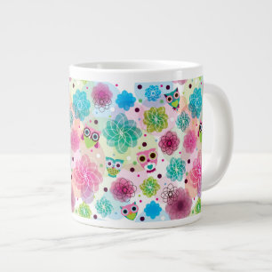 Cute flower owl background pattern large coffee mug