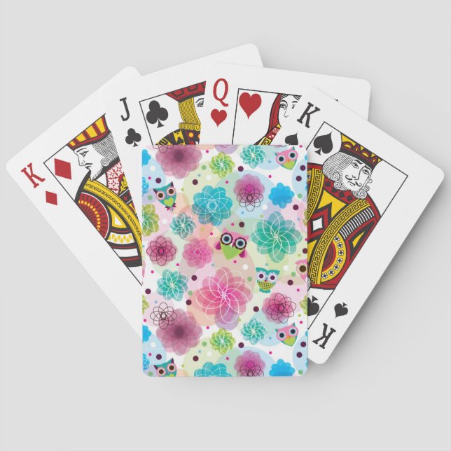 Cute flower owl background pattern playing cards (Back)