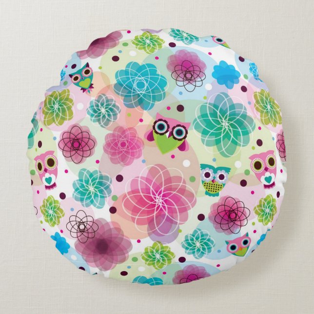 Cute flower owl background pattern round cushion (Front)