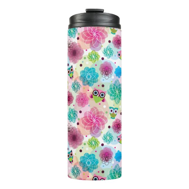 Cute flower owl background pattern thermal tumbler (Front)