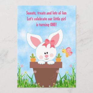 Cute Flower Pot Bunny 1st Birthday Invitations