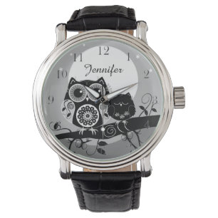 Cute Flower power Owls & custom name Watch
