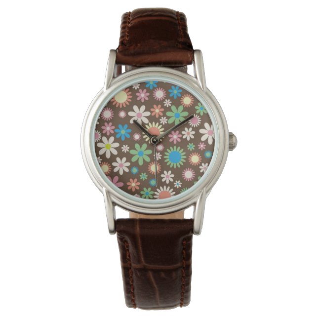 Cute Flower Power Pattern Brown Watch (Front)