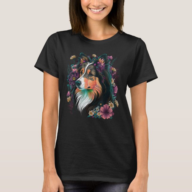 Cute Flower Sheltie summer Floral Shetland Sheepdo T-Shirt (Front)