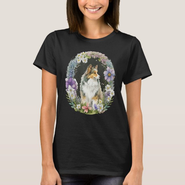 Cute Flower Sheltie summer Floral Shetland Sheepdo T-Shirt (Front)
