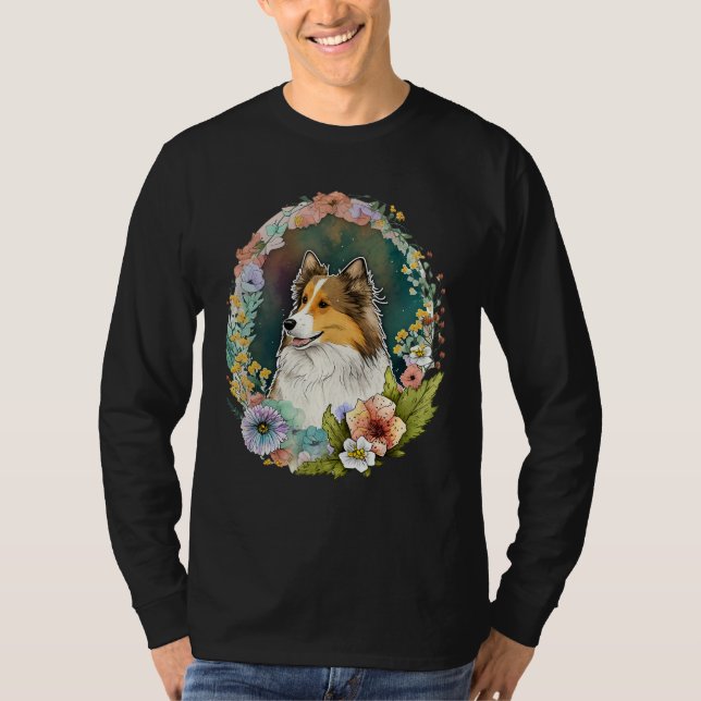 Cute Flower Sheltie summer Floral Shetland Sheepdo T-Shirt (Front)