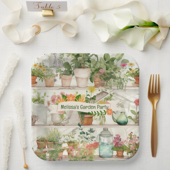 Cute Flower Vase Garden Plants Watercolor Party Paper Plate (Wedding)