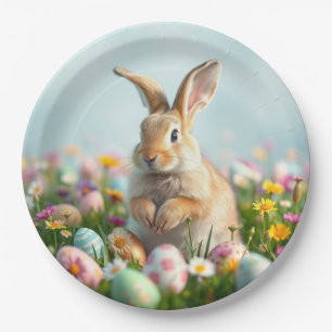 Cute Flowers and Bunny Easter Party Paper Plate