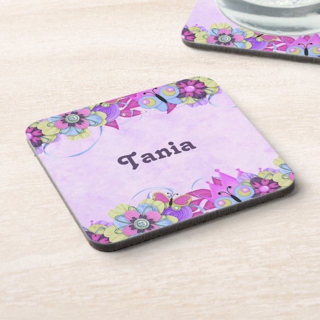 Cute flowers and butterflies on purple coaster (Left Side)