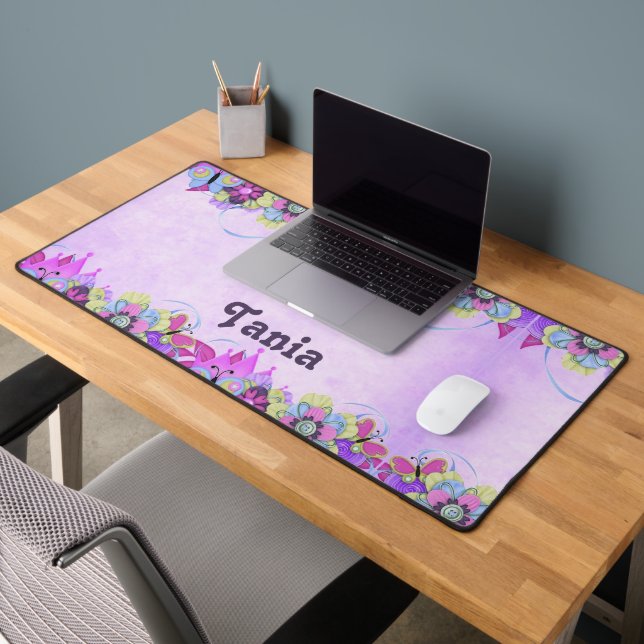 Cute flowers and butterflies on purple desk mat (Office 2)