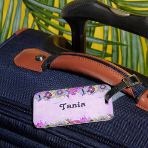 Cute flowers and butterflies on purple luggage tag