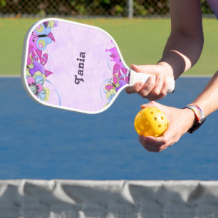 Cute flowers and butterflies on purple pickleball paddle