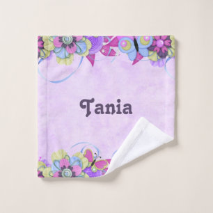 Cute flowers and butterflies on purple wash cloth