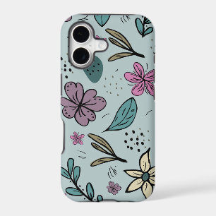 Cute Flowers and Leaves illustrated Pattern Blue