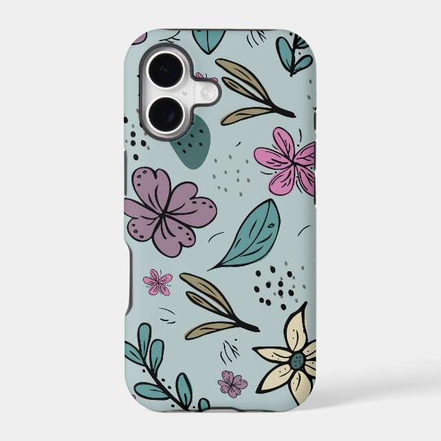 Cute Flowers and Leaves illustrated Pattern Blue (Back)
