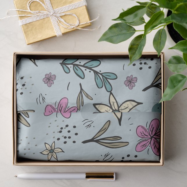 Cute Flowers and Leaves illustrated Pattern Blue Tissue Paper (Gift)