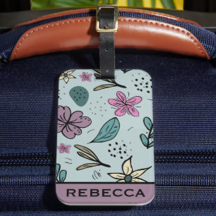 Cute Flowers and Leaves Pattern Blue Personalised Luggage Tag