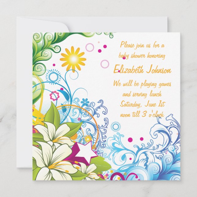 Cute Flowers and Stars Gender Neutral Baby Shower Invitation (Front)