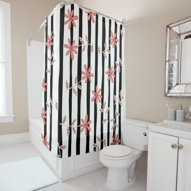 Cute flowers and stripes pattern shower curtain (In Situ)