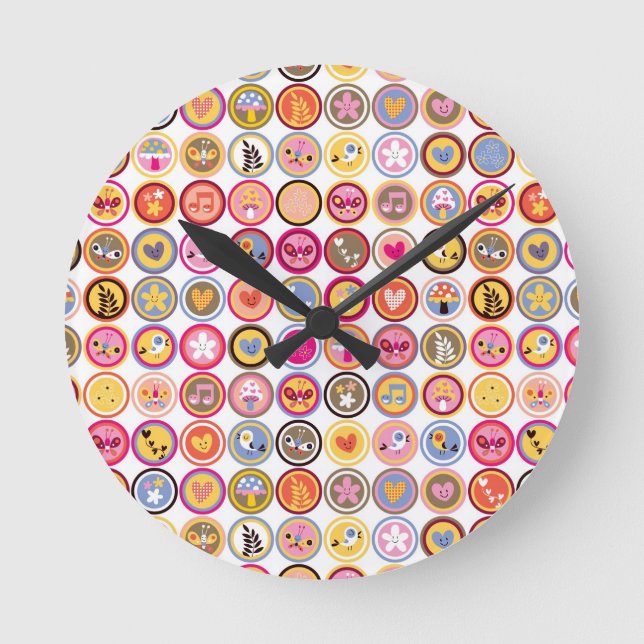 cute flowers, birds, hearts pattern round clock (Front)